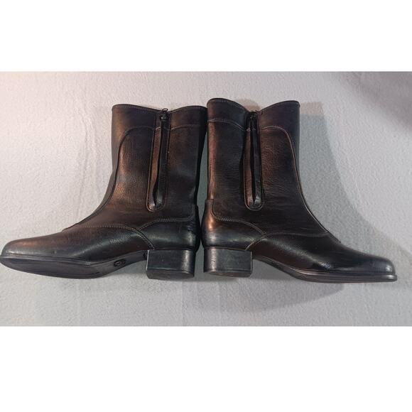Vintage Black Leather Mid Calf Boots Womens 8 Zip Up Square Toe Block Heel Retro - Picture 1 of 5